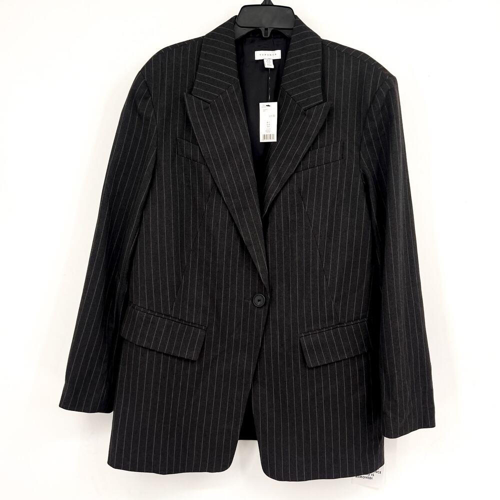 TOPSHOP Women's Oversized Tailored Dad Blazer Jacket Size 8 Grey Pinstripe NWT